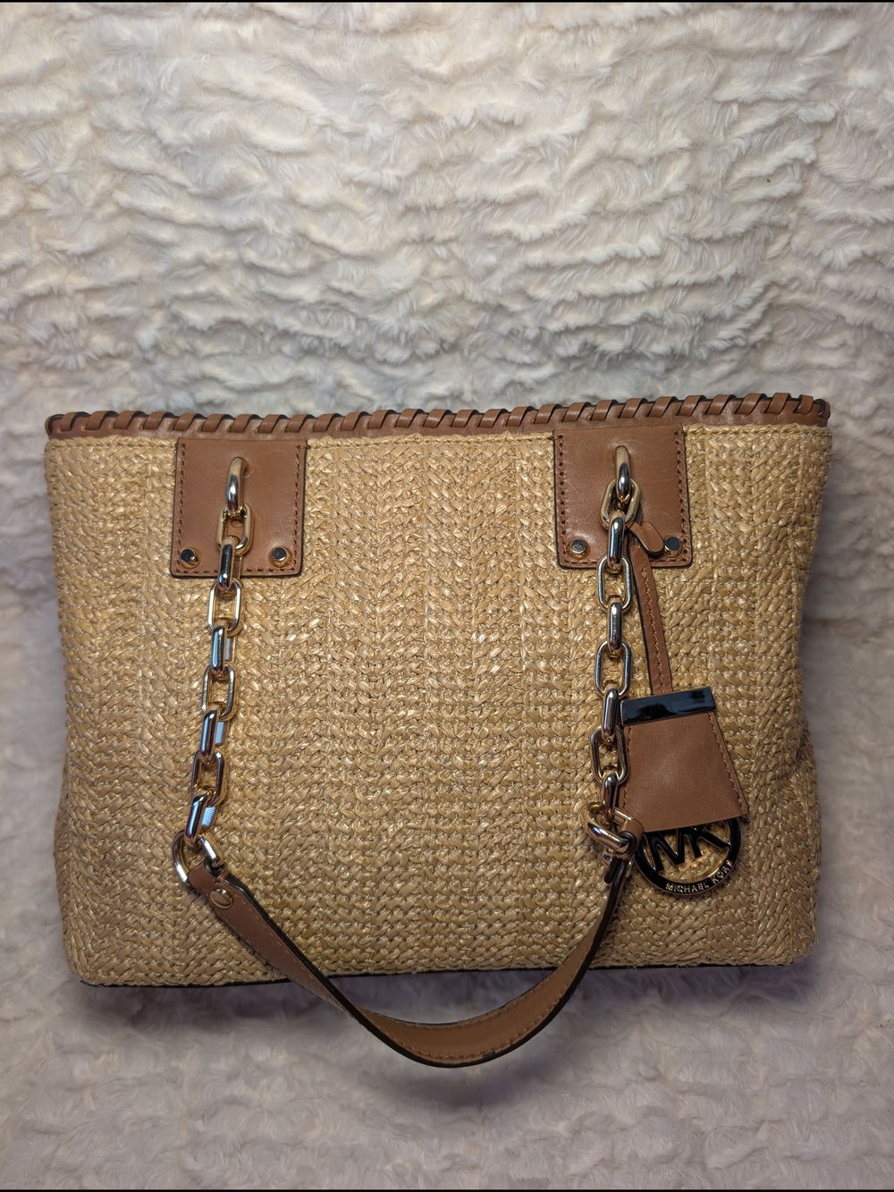 Michael Kors Tan Woven Straw Tote Bag with Chain-Strap